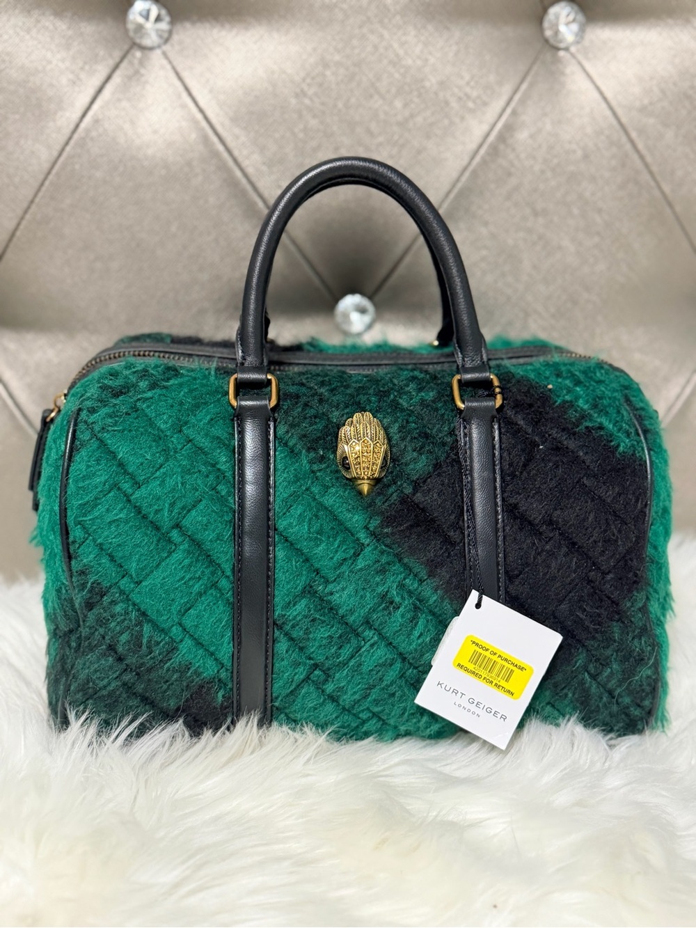 Kurt Geiger Green Quilted Faux-Fur Satchel with Black Straps - Picture 3 of 4